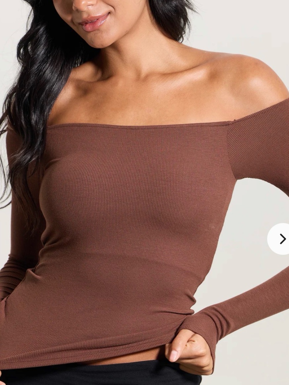 Klassy Network Ribbed Off the Shoulder Long Sleeve Top in Chocolate Brown